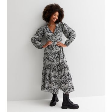 Women's Black Paisley V Neck Long Puff Sleeve Midi Smock Dress Influence New Look