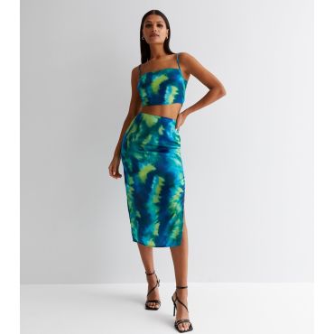 Women's Green Tie Dye Satin Midi Slip Skirt Public Desire New Look