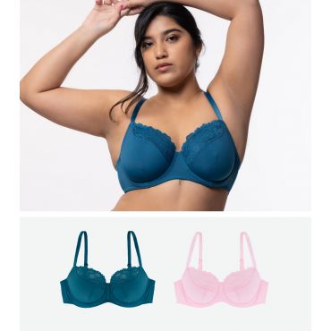 Women's Curve 2 Pack Teal and Pink Lace Trim Bras Dorina New Look