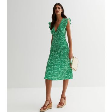 Women's Green Ditsy Floral Frill Midi Dress ONLY New Look