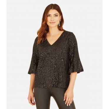 Women's Black Sequin Flared Sleeve Top Yumi New Look