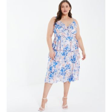 Women's Plus Size Pale Blue Floral Tiered Midi Wrap Dress Curves Quiz New Look