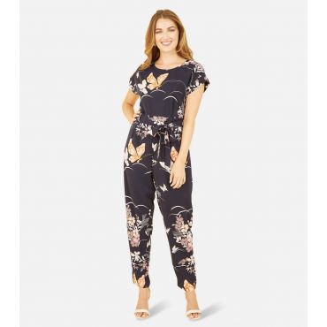 Women's Navy Butterfly Print Short Sleeve Jumpsuit Yumi New Look
