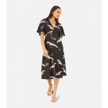 Women's Black Bird Print V Neck Kimono Midi Dress Yumi New Look