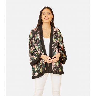 Women's Black Floral Satin Kimono Mela New Look