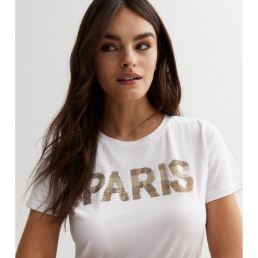 Women's White Diamanté Paris Logo T-Shirt Pink Vanilla New Look