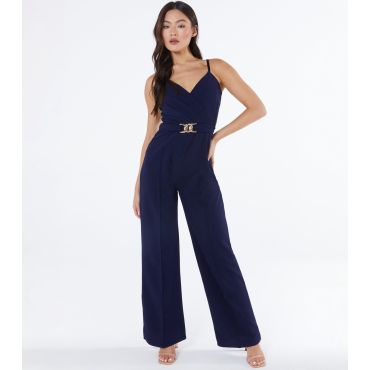Women's Navy Buckle Belted Wide Leg Jumpsuit Quiz New Look