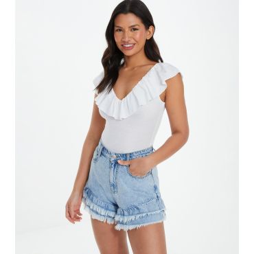 Women's White Frill Ribbed Bodysuit Quiz New Look