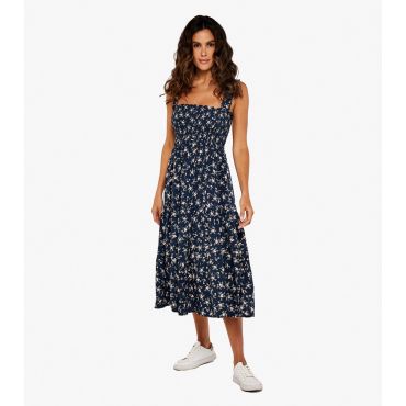 Women's Navy Floral Midi Dress Apricot New Look