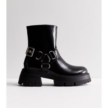 Women's Black Leather-Look Chunky Biker Boots Public Desire New Look