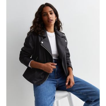 Women's Petite Black Leather-Look Biker Jacket New Look