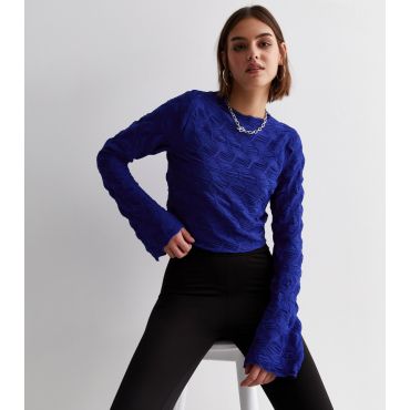 Women's Blue Textured Jersey Long Sleeve Crop Top ONLY New Look