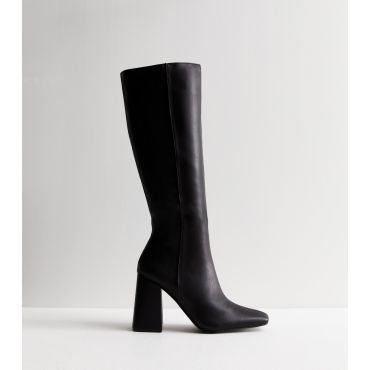 Women's Apology Black Faux Leather Block Heel Knee High Boots Public Desire New Look