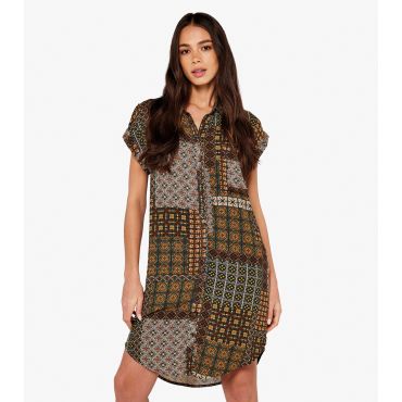 Women's Mustard Patchwork Mini Shirt Dress Apricot New Look