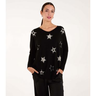 Women's Black Fine Knit Faux Pearl Star Jumper Blue Vanilla New Look