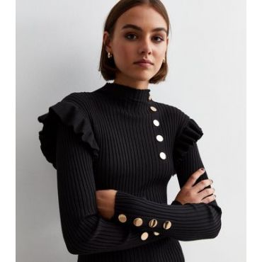 Cameo Rose Black Button Frill Sleeve Mini Dress New Look