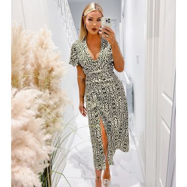 Women's Green Abstract Print Split Hem Midi Dress AX Paris New Look