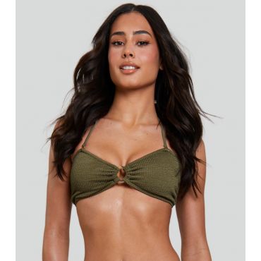 Women's Khaki Textured Crinkle Bandeau Bikini Top South Beach New Look