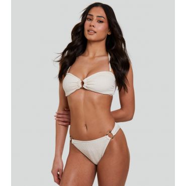 Women's Cream Textured Crinkle High Waist Bikini Bottoms South Beach New Look