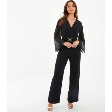 QUIZ Black Flared Sleeve Wrap Front Belted Wide Leg Jumpsuit New Look