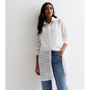 Women's White Cotton Broderie Longline Shirt Blue Vanilla New Look