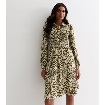 Women's Green Zebra Print Shirred Mini Shirt Dress Blue Vanilla New Look