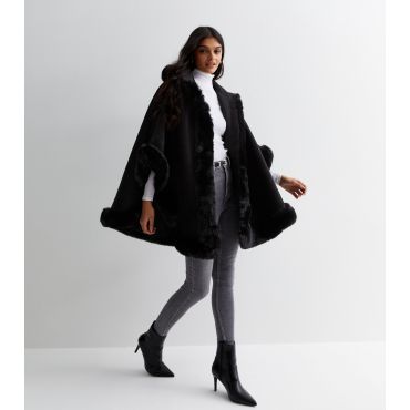 Women's Black Faux Fur Trim Hooded Cape Gini London New Look