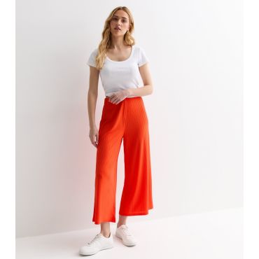 Women's Red Ribbed Jersey Crop Wide Leg Trousers New Look