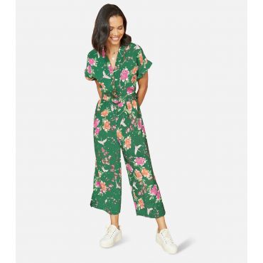Women's Green Floral Crane Print Belted Jumpsuit Yumi New Look