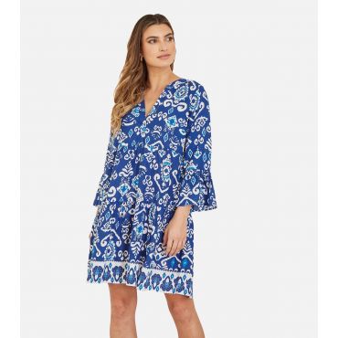 Women's Blue Abstract Print 3/4 Sleeve Mini Dress Yumi New Look
