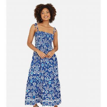 Women's Blue Abstract Print Shirred Midi Dress Yumi New Look