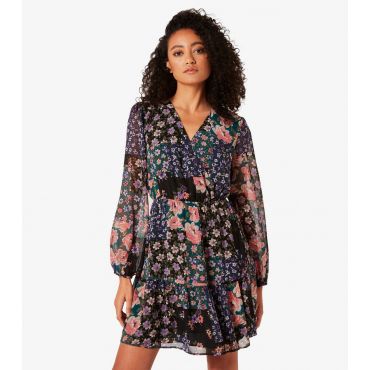 Women's Green Floral Patchwork Chiffon Puff Sleeve Mini Dress Apricot New Look
