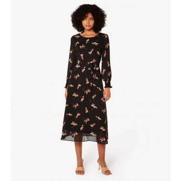 Women's Black Floral Belted Midaxi Dress Apricot New Look
