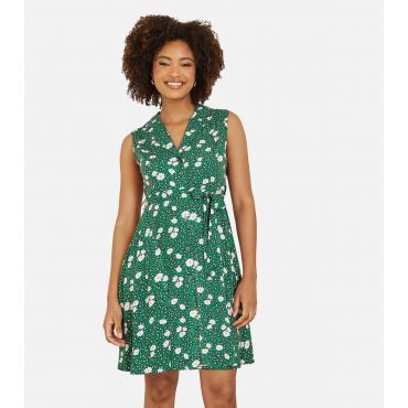 Women's Green Leopard and Floral Print Sleeveless Belted Mini Shirt Dress Mela New Look