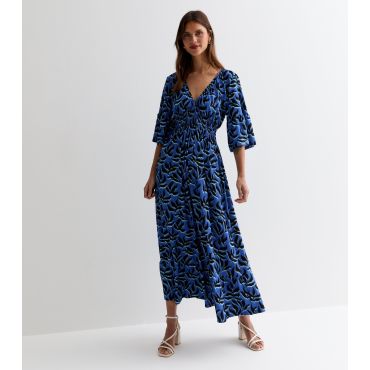 Women's Blue Leaf Print Shirred Midi Dress Blue Vanilla New Look