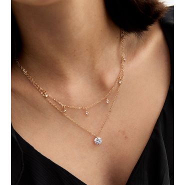 Gold Tone Double Chain Cubic Zirconia Charm Necklace New Look