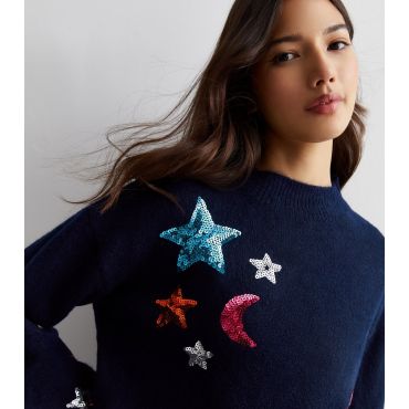 Women's Navy Sequin Star Knit Jumper Sunshine Soul New Look