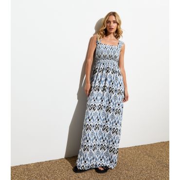 Women's Blue Abstract Print Strappy Shirred Maxi Dress ONLY New Look
