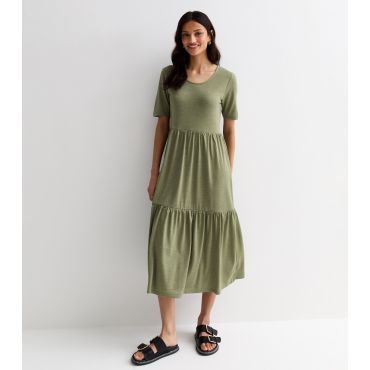 Women's Khaki Short Sleeve Tiered Midi Smock Dress JDY New Look