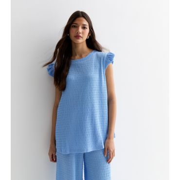 Women's Blue Textured Frill Sleeve Oversized Top Gini London New Look