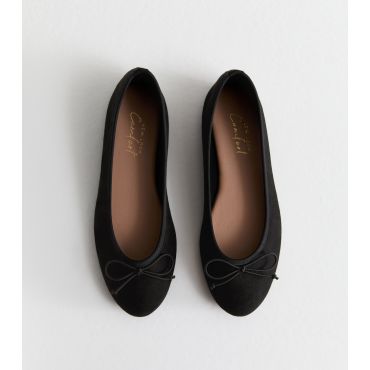 Women's Black Suede-Look Bow-Trim Flat Ballerina Shoes New Look