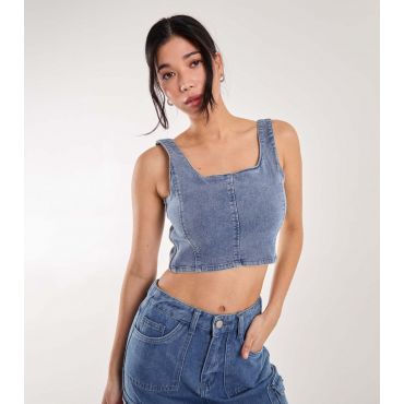 Women's Pale Blue Denim Crop Corset Top Pink Vanilla New Look
