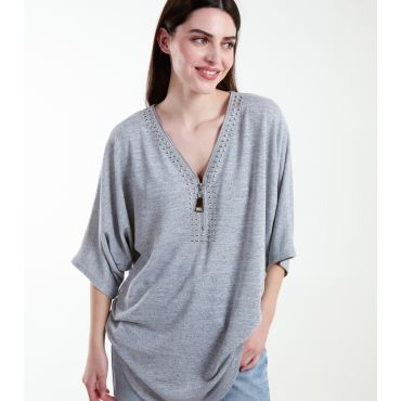 Women's Grey Jersey Zip Neck Top Blue Vanilla New Look