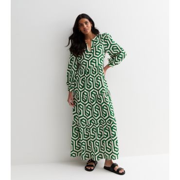 Women's Green Abstract Print Long Sleeve Maxi Dress Gini London New Look