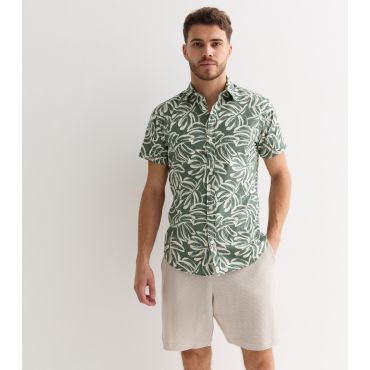 Men's Olive Leaf Print Cotton Short Sleeve Shirt Jack & Jones New Look