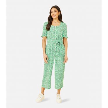 Women's Green Floral Button Front Jumpsuit Yumi New Look