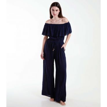 Women's Glitter Stripe Bardot Wide Leg Jumpsuit Blue Vanilla New Look