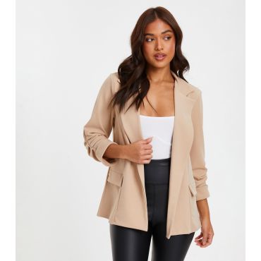 Women's Petite Stone Scuba Crepe Ruched Sleeve Blazer Quiz New Look