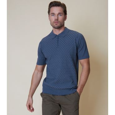Men's Blue Textured Knit Zip Neck Polo Shirt Threadbare New Look