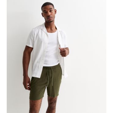 Men's Dark Green Cotton-Linen Shorts Only and Sons New Look